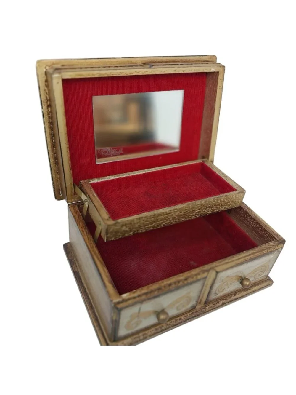 Vintage Florentine Wooden Jewelry Box Velvet Gilded Hollywood Regency AS IS